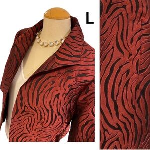 CHICO'S Tiger Print Jacket Sz Large Open Front Red Black 3/4 Sleeves